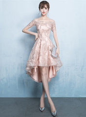 Beautiful Champagne High Low Lace Homecoming Dress, Off Shoulder Prom Dress