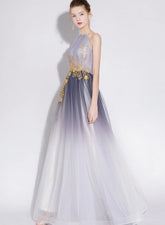 Beautiful Gradient Tulle Long Halter A-line Prom Dress, Charming Flowers Chic Formal Dress