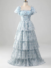 A-line Floral Layers Long Party Dress Prom Dress, Puffy Sleeves Evening Dress