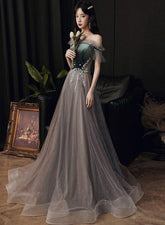 Beautiful Tulle and Velvet Off Shoulder Long Prom Dress, A-line Long Wedding Party Dresses