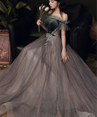 Beautiful Tulle and Velvet Off Shoulder Long Prom Dress, A-line Long Wedding Party Dresses