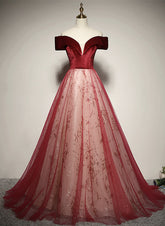 A-line Red Tulle and Velvet Off Shoulder Long Prom Dress, Red Evening Dress