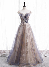 Beautiful A-line Tulle with Lace Applique Party Dress, Tulle Long Prom Dress