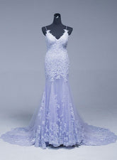 Beautiful Lavener Tulle with Lace Sheath Spaghetti Straps Evening Dresses, Long Prom Dresses