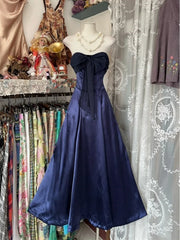 A-line Navy Blue Simple Strapless Long Prom Dress, Navy Blue Floor Length Evening Dress