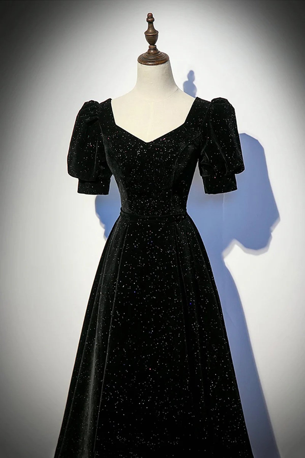 Black A-line Velvet Short Sleeves Party Dress, Black Velvet Sweetheart Prom Dress