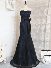 Black and Navy Blue Mermaid Strapless Party Dress, Satin and Lace Long Prom Dress