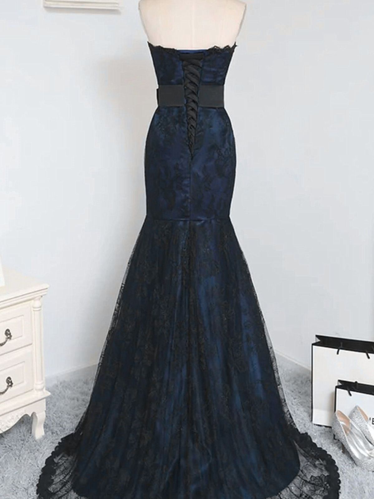 Black and Navy Blue Mermaid Strapless Party Dress, Satin and Lace Long Prom Dress