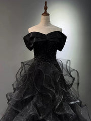 A-line Black Tulle Layers Sequins Off Shoulder Party Dress, Black Tulle Evening Dress Prom Dress