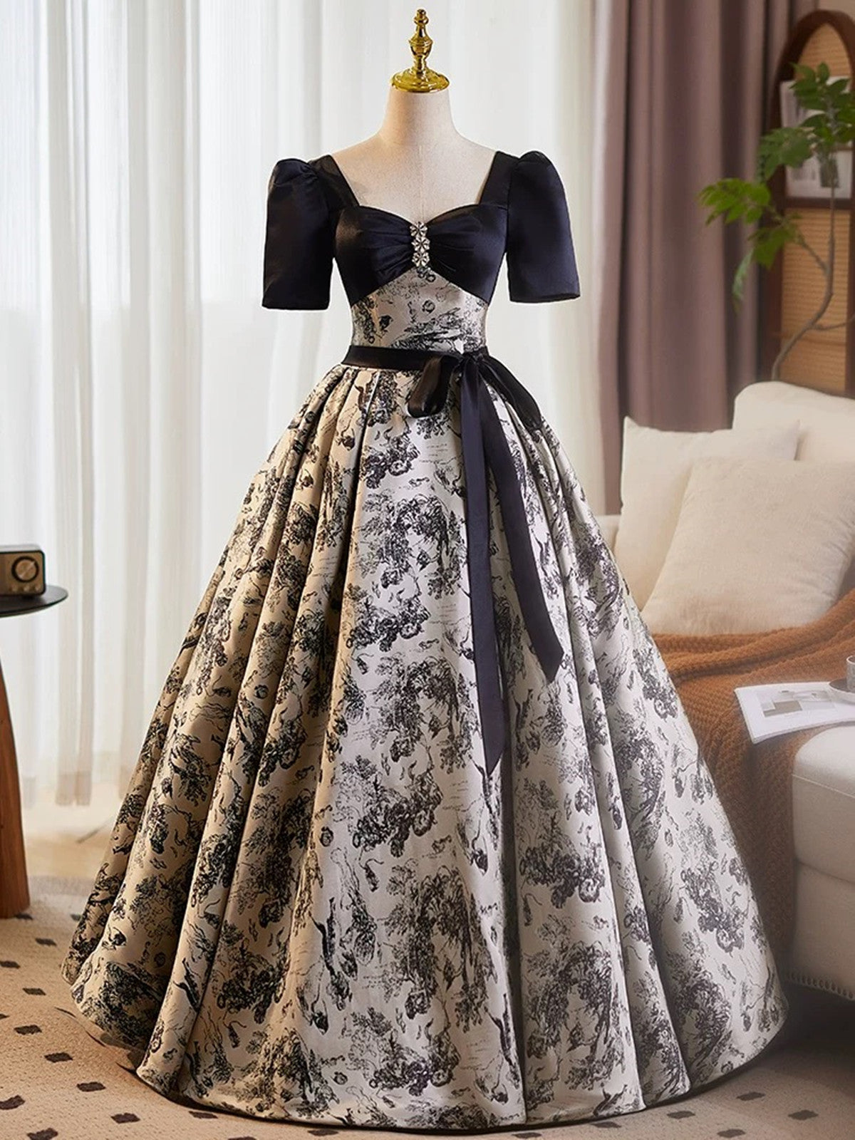 Black A-line Satin Short Sleeves Beaded Party Dress, Black Floral Satin Prom Dress