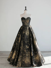 A-line Black and Gold Foral Satin Party Dress, Black Satin Prom Dress Evening Dress