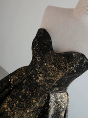 A-line Black and Gold Foral Satin Party Dress, Black Satin Prom Dress Evening Dress
