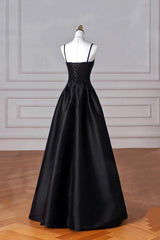 Black A-Line Straps Satin Long Party Dress, Black Long Prom Dress Evening Dress