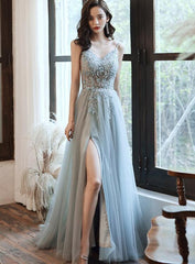 Beautiful Grey V-neckline Straps Beaded Slit Long Prom Dress, Grey Evening Gown
