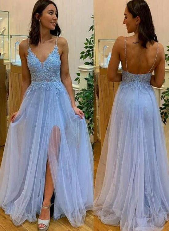 Beautiful Blue Straps V-neckline Tulle Party Dress Prom Dress, Blue Evening Gown