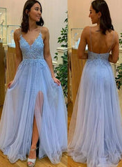 Beautiful Blue Straps V-neckline Tulle Party Dress Prom Dress, Blue Evening Gown