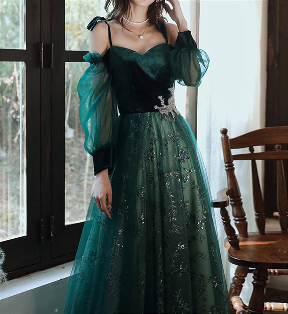 A-line Green Tulle with Lace Long Party Dress, Green Evening Prom Dress