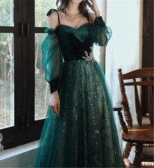 A-line Green Tulle with Lace Long Party Dress, Green Evening Prom Dress