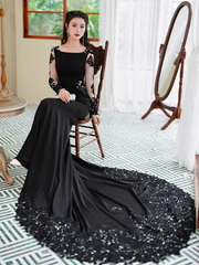 Black Mermaid Long Sleeves with Lace Wedding Party Dress, Black Mermaid Prom Dress