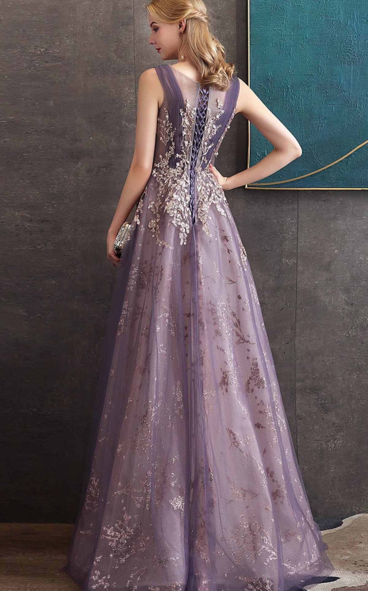 A-line Purple Tulle with Lace Applique Long Formal Dress, Purple Bridesmaid Dress