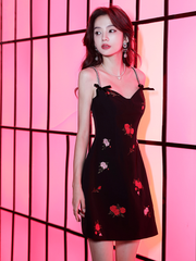 Black Floral Short Straps Homecoming Dress, Black Party Dress Prom Dress