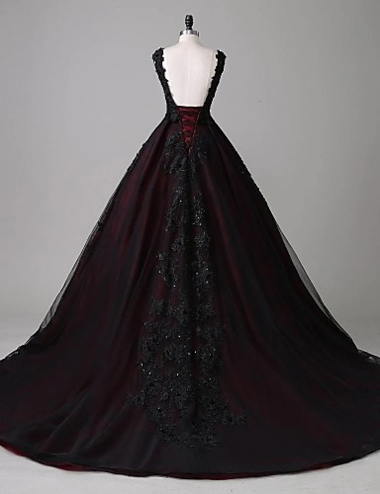 Black and Red Backless Tulle Long Formal Gown, Black and Red Long Prom Dress
