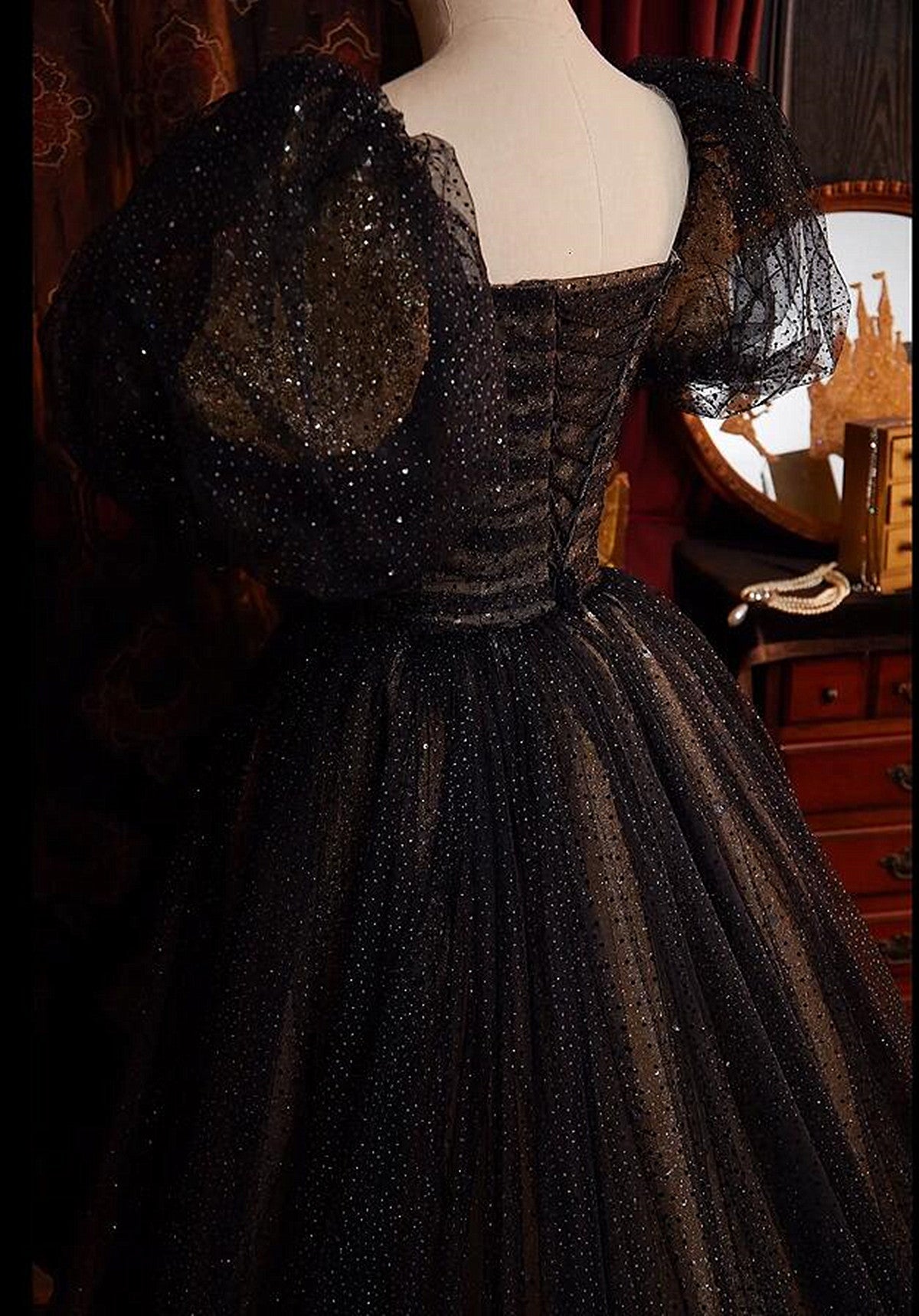 A-line Black and Champagne Tulle Long Party Dress, Tulle Prom Dress Evening Dress