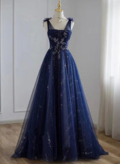 A-line Navy blue Tulle Beaded V-neckline Party Dress, Navy Blue Shiny Tulle Prom Dress