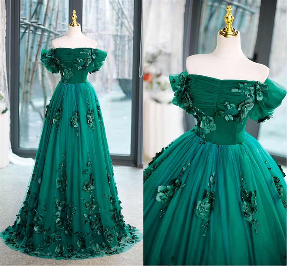 Beautiful Green Off Shoulder Party Dress with Flowers, Green Sweet 16 Dress