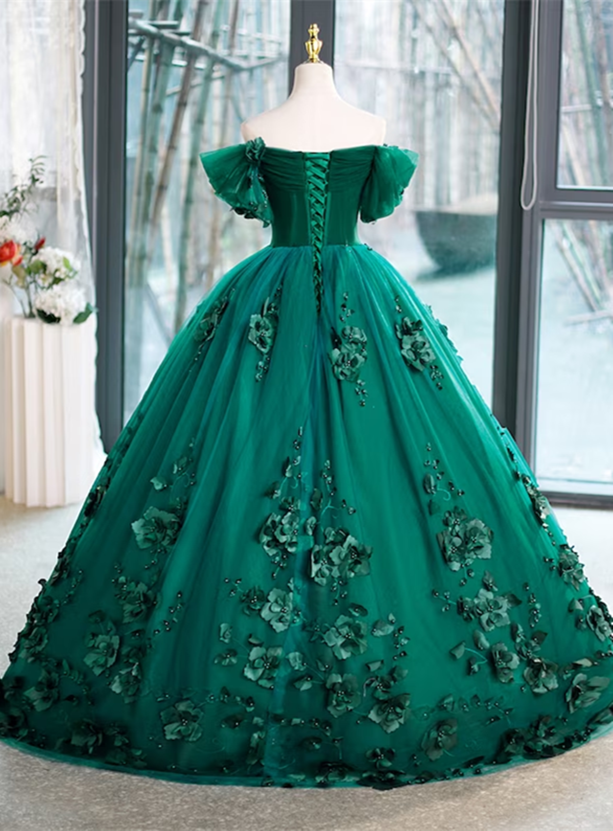 Beautiful Green Off Shoulder Party Dress with Flowers, Green Sweet 16 Dress