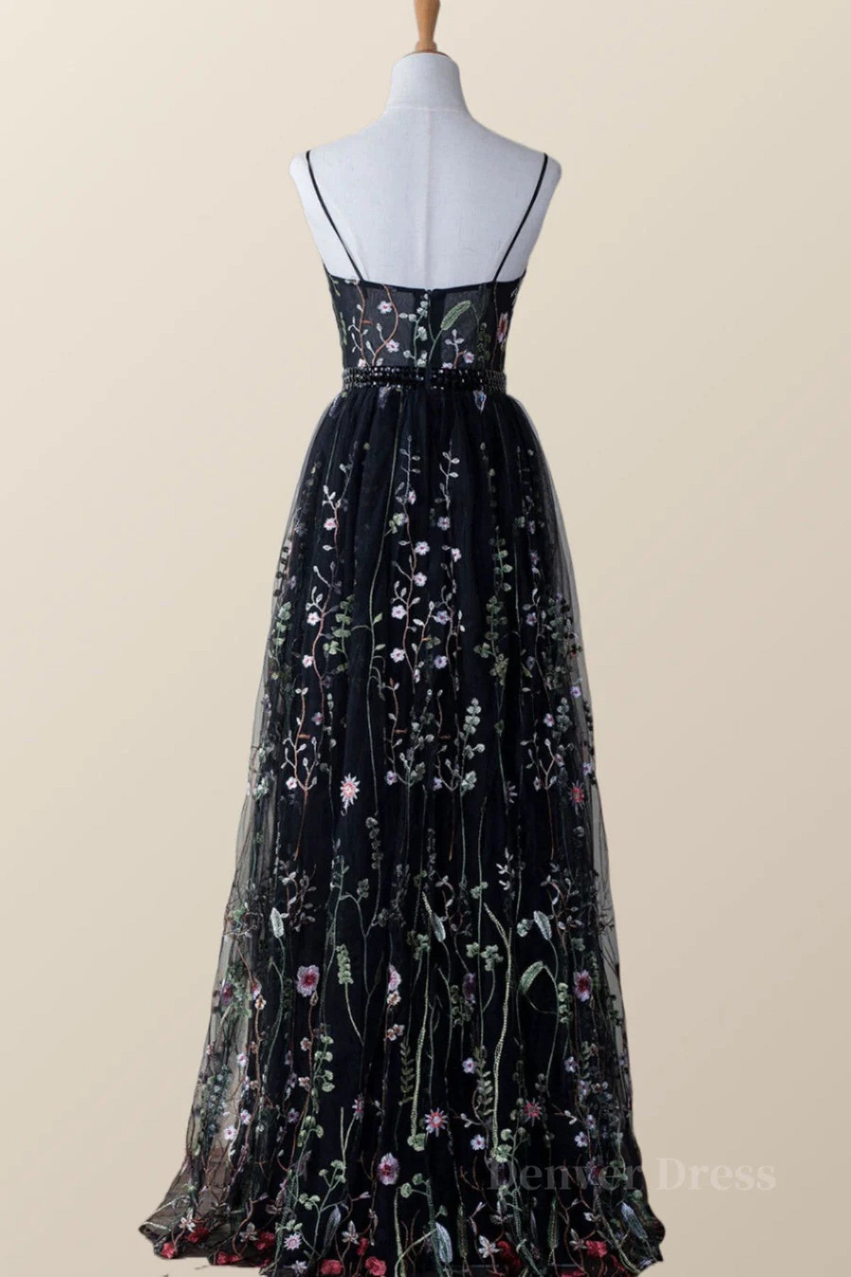 Black Floral Tulle A-line V-neckline Long Prom Dress, Black Evening Dress Party Dress