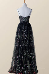 Black Floral Tulle A-line V-neckline Long Prom Dress, Black Evening Dress Party Dress
