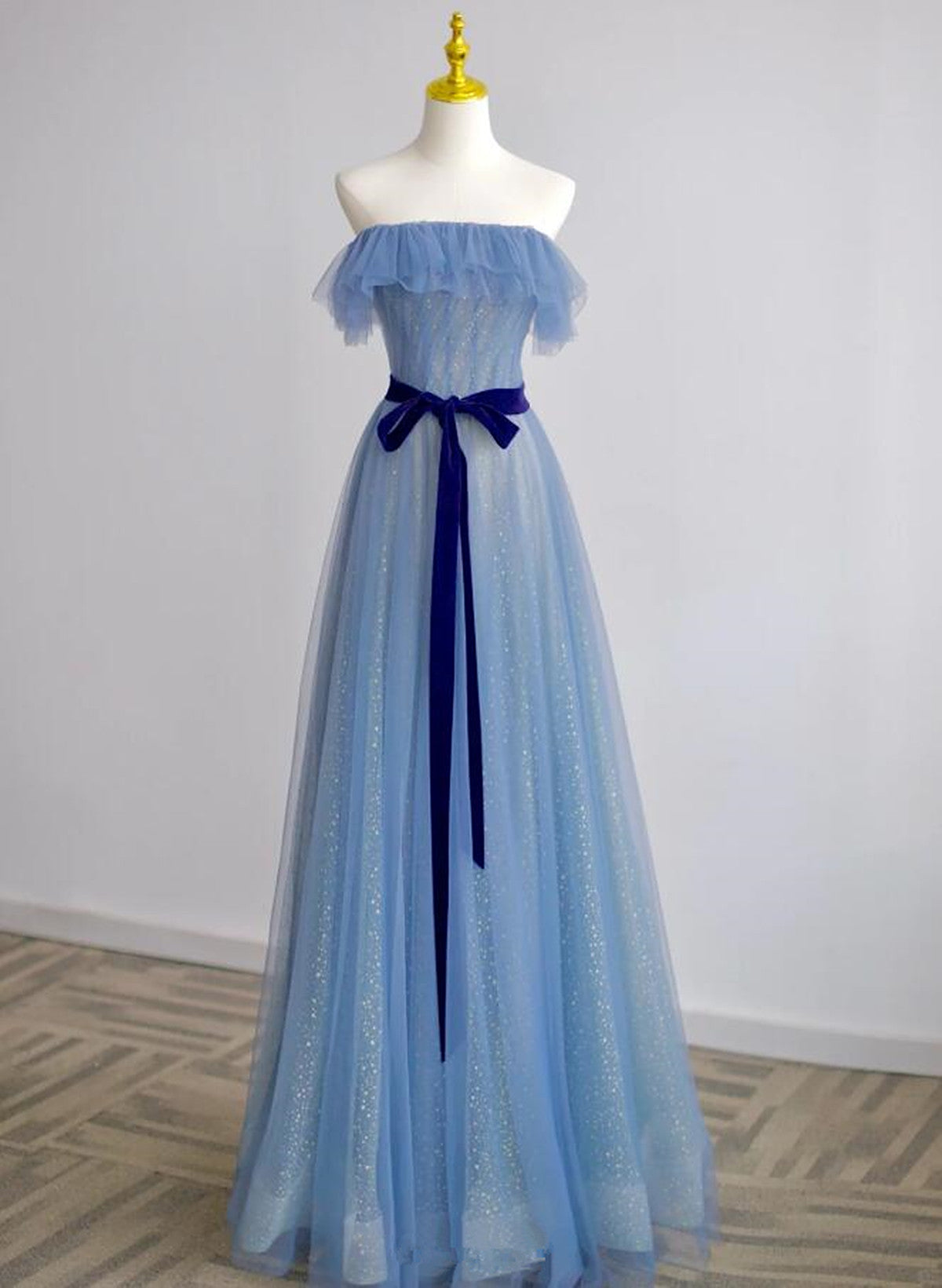 A-line Blue Simple Off Shoulder Floor Length Prom Dress, Blue Long Party Dress