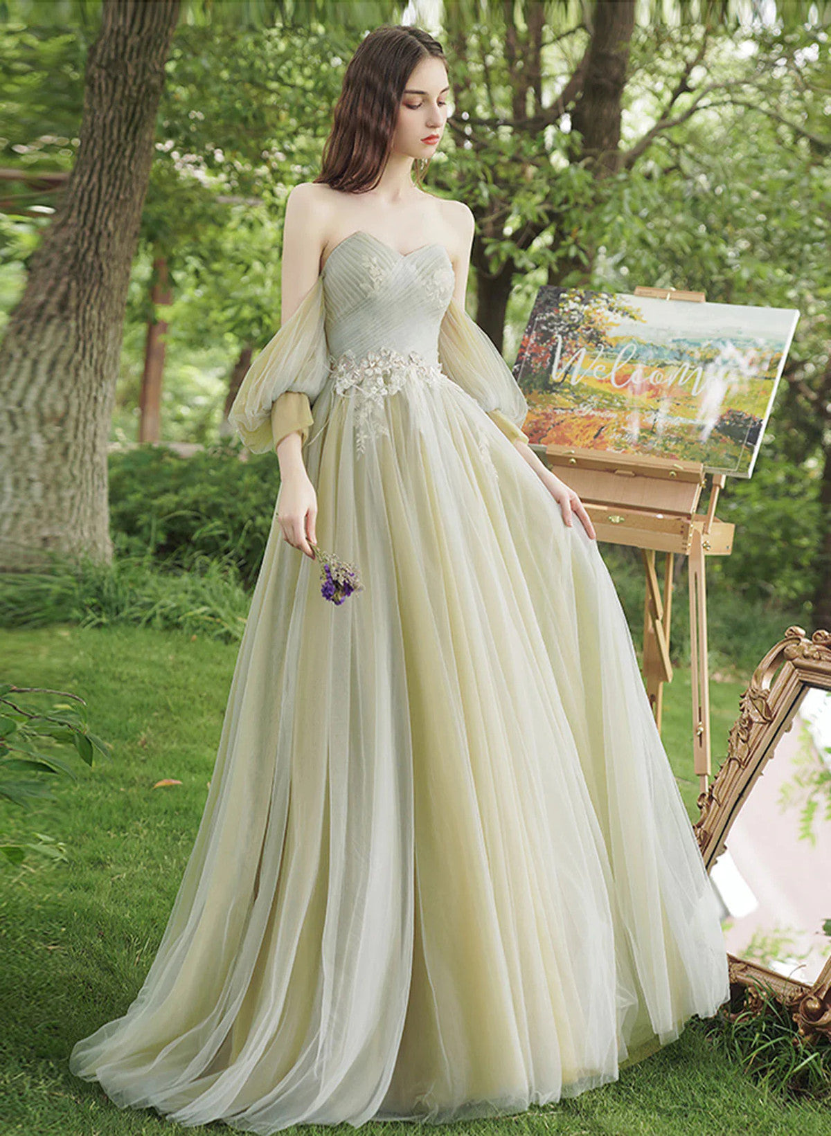 A-line Green Tulle Sweetheart Off Shoulder Prom Dress, Green Long Evening Dress