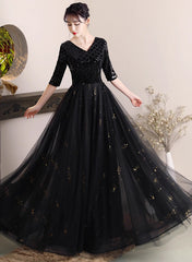 Black A-line Sequins and Tulle Long Formal Dress, Black Wedding Party Dress
