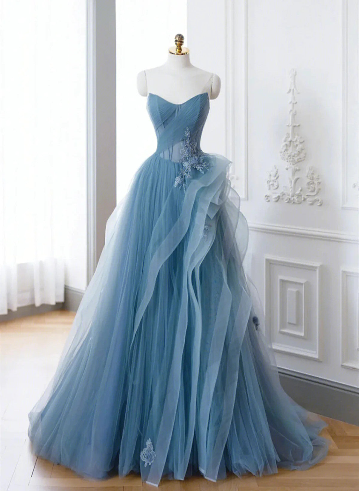 A-line Blue Tulle with Lace Off Shoulder Prom Dress, Blue Long Evening Dress