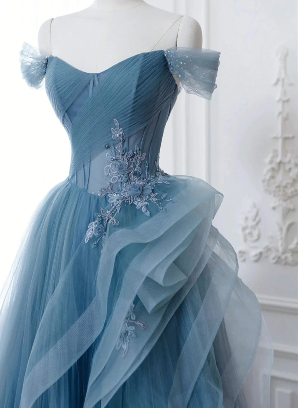 A-line Blue Tulle with Lace Off Shoulder Prom Dress, Blue Long Evening Dress