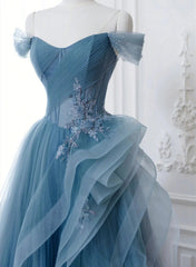 A-line Blue Tulle with Lace Off Shoulder Prom Dress, Blue Long Evening Dress
