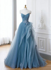 A-line Blue Tulle with Lace Off Shoulder Prom Dress, Blue Long Evening Dress
