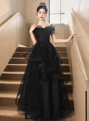 A-line Black Tulle and Lace Off Shoulder Party Dress, Black Long Formal Dress