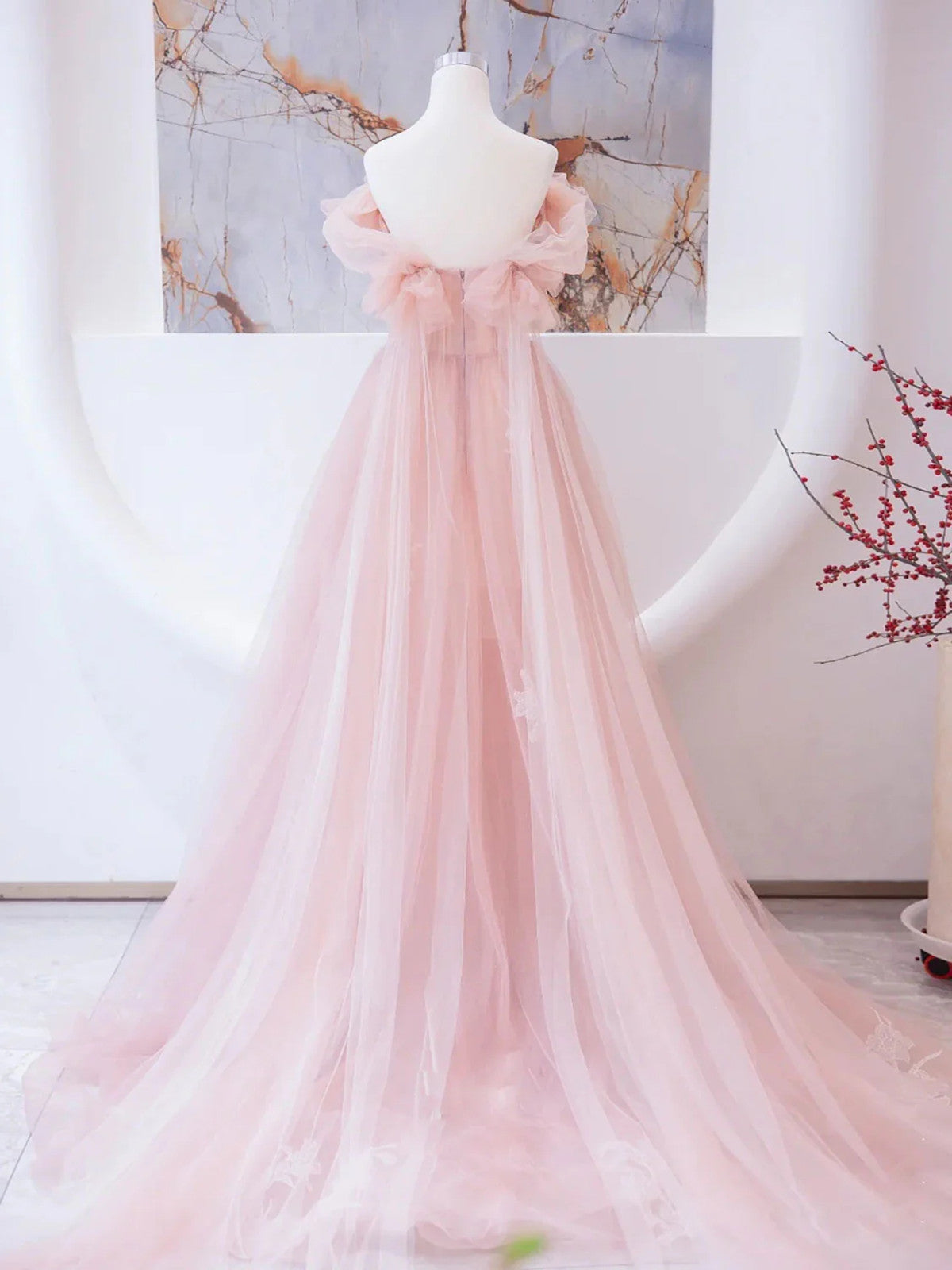 A-line Light Pink Tulle Beaded Off Shoulder Party Dress, Pink Tulle Prom Dress