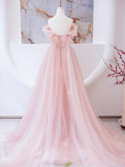 A-line Light Pink Tulle Beaded Off Shoulder Party Dress, Pink Tulle Prom Dress