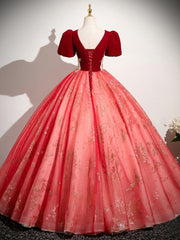 A-line Red Tulle and Velvet Short Sleeves Prom Dress, Tulle Long V-neckline Party Dress