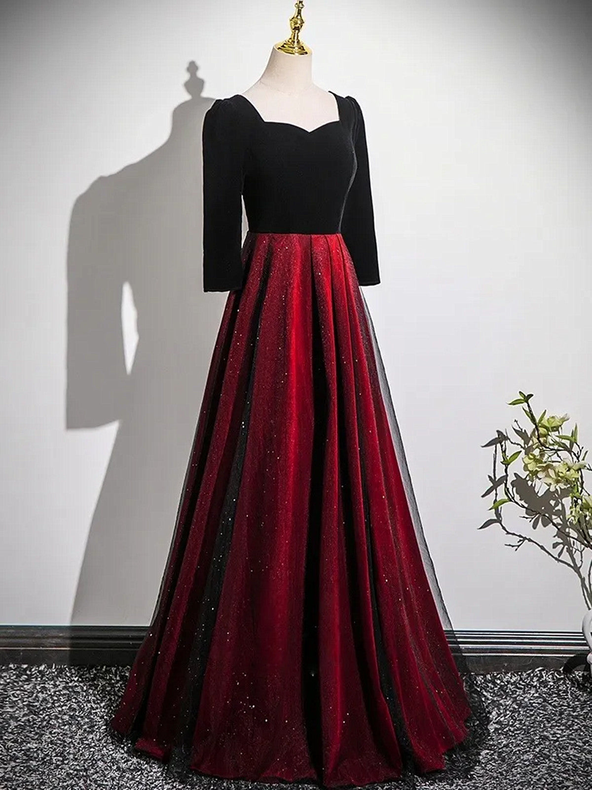 A-line Black and Red Velvet Long Party Dress, Long Sleeves Gothic Prom Dress