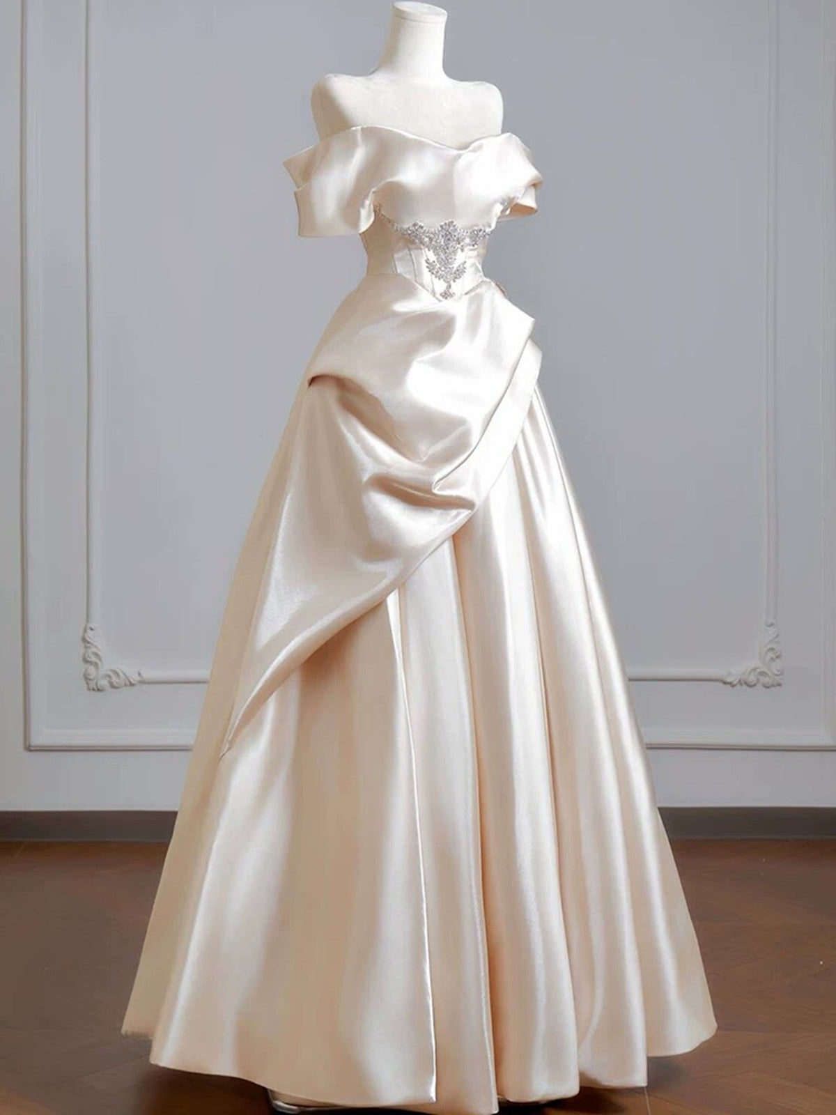 A-line Satin Light Champagne Beaded Prom Dress, Off Shoulder Satin Long Evening Gowns