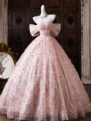 A-line Floral Lace Pink Sweetheart Prom Dress, Elegant Pink Floor Length Party Dress