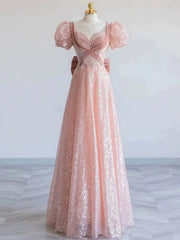 A-line Pink Sequins and Velvet Short Sleeves Party Dress, Pink Floor Length Prom Dress