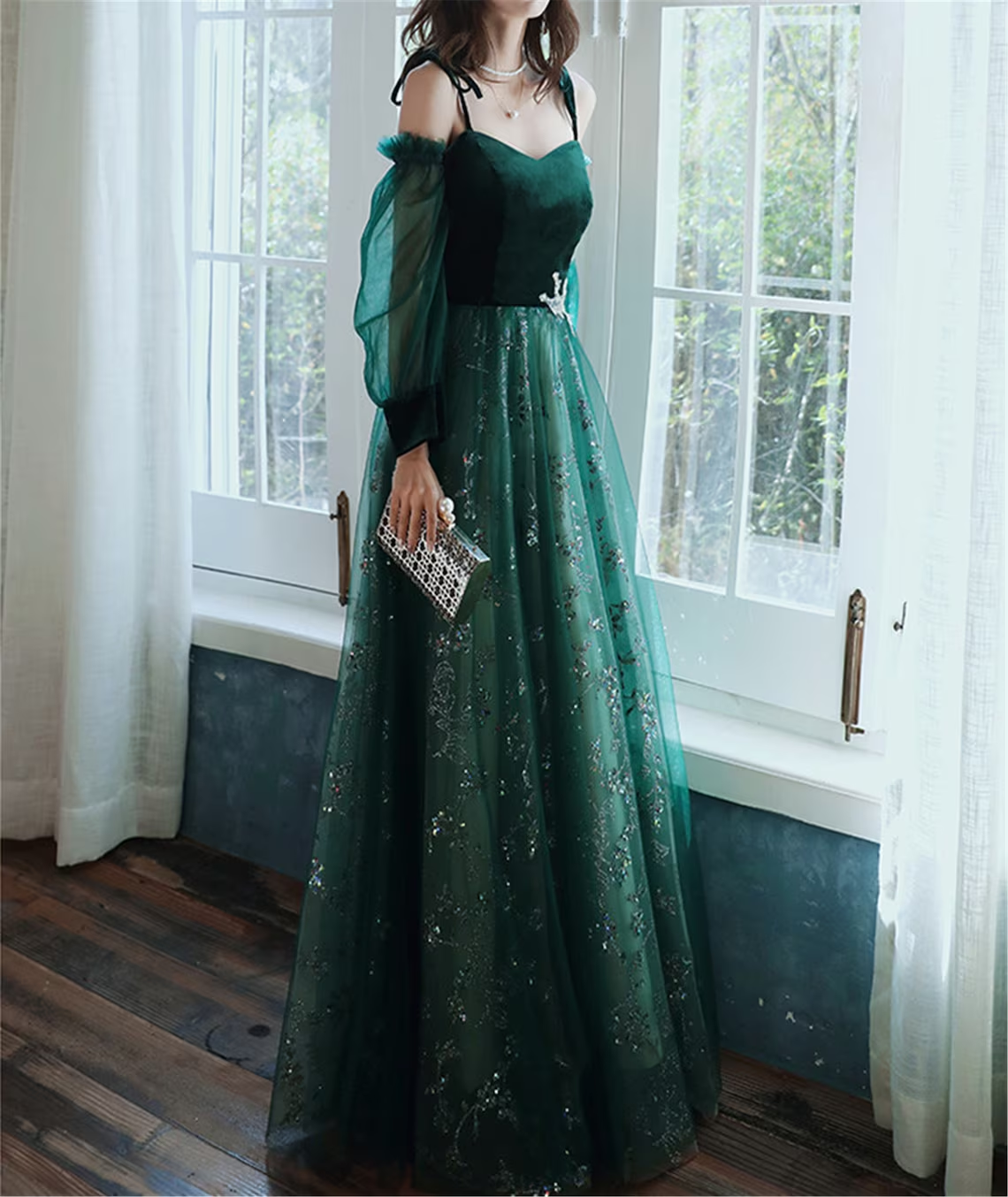 A-line Green Tulle with Lace Long Party Dress, Green Evening Prom Dress