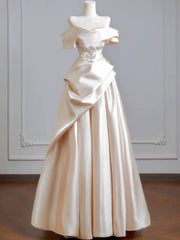 A-line Satin Light Champagne Beaded Prom Dress, Off Shoulder Satin Long Evening Gowns