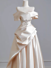 A-line Satin Light Champagne Beaded Prom Dress, Off Shoulder Satin Long Evening Gowns